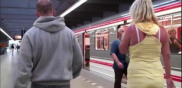  A hot blonde with big tits public sex subway train gang bang threesome orgy